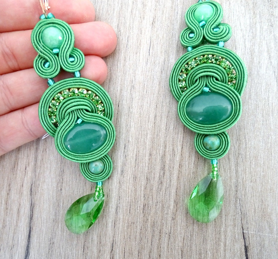 Green soutache earrings long dangle earrings drop shape | Etsy