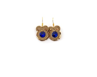 Cobalt blue dangle earrings, gold soutache earrings with rivoli crystals