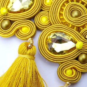 Very Long Clip-on earrings, Deep Yellow gold tassel earrings, Statement Soutache Earrings with crystals, gameday tassel esarrings image 6