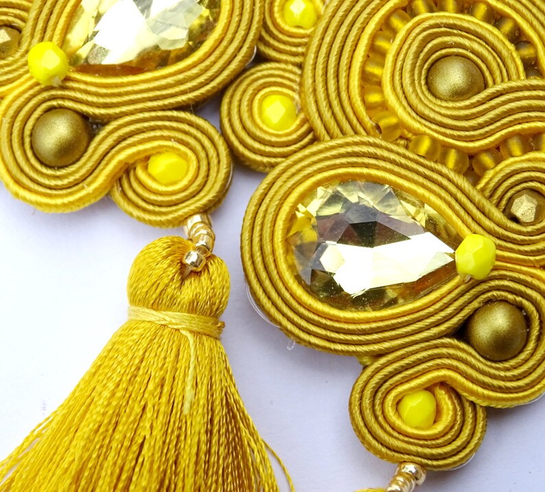 Very Long Clip-on earrings, Deep Yellow gold tassel earrings, Statement Soutache Earrings with crystals, gameday tassel esarrings image 6