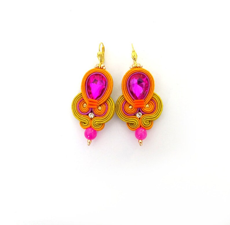 Hot Pink Soutache Dangle Earrings: Bollywood Style Rhinestone Jewelry image 4