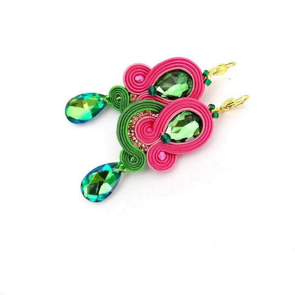 Pendientes verdes y fucsias, pendientes colgantes, pendientes Soutache, pendientes rosas, pendientes colgantes, joyas Soutache, pendientes Green Drop