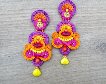 Colorful statement earrings, purple clip on earrings, soutache earrings, bollywood earrings, big and long bright earrings with crystals