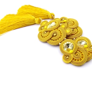 Very Long Clip-on earrings, Deep Yellow gold tassel earrings, Statement Soutache Earrings with crystals, gameday tassel esarrings image 1