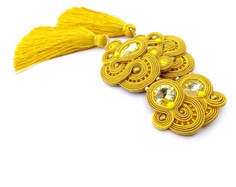 Very Long Clip-on earrings, Deep Yellow gold tassel earrings, Statement Soutache Earrings with crystals, gameday tassel esarrings