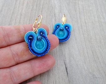 Blue Soutache Earrings: Embroidered Jade Dangling