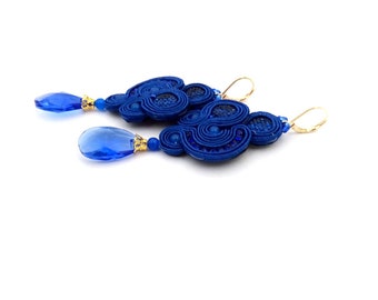 cobalt blue dangle earrings , long and statement soutache earrings