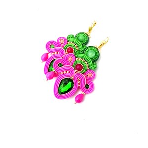 Big statement earrings - soutache earrings - long handmade earrings - pink and green jewelry - fuchsia pink earrings