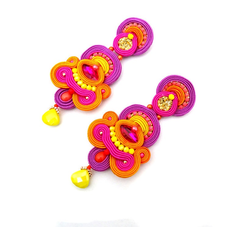 Colorful Statement Earrings Purple Clip on Earrings Soutache Etsy