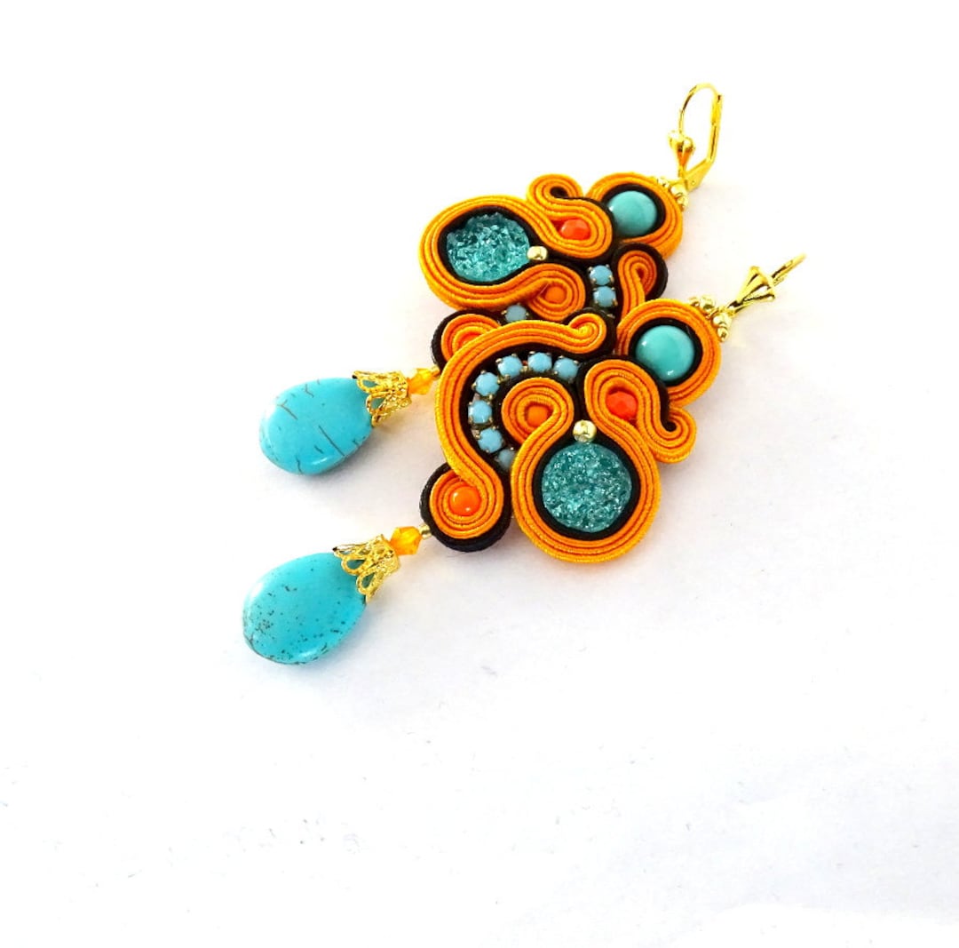Orange Dangle Earrings With Druzy Turquoise Soutache Etsy