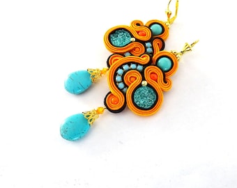 Orange Dangle Earrings with druzy, turquoise soutache earrings, Long dangledrop earrings