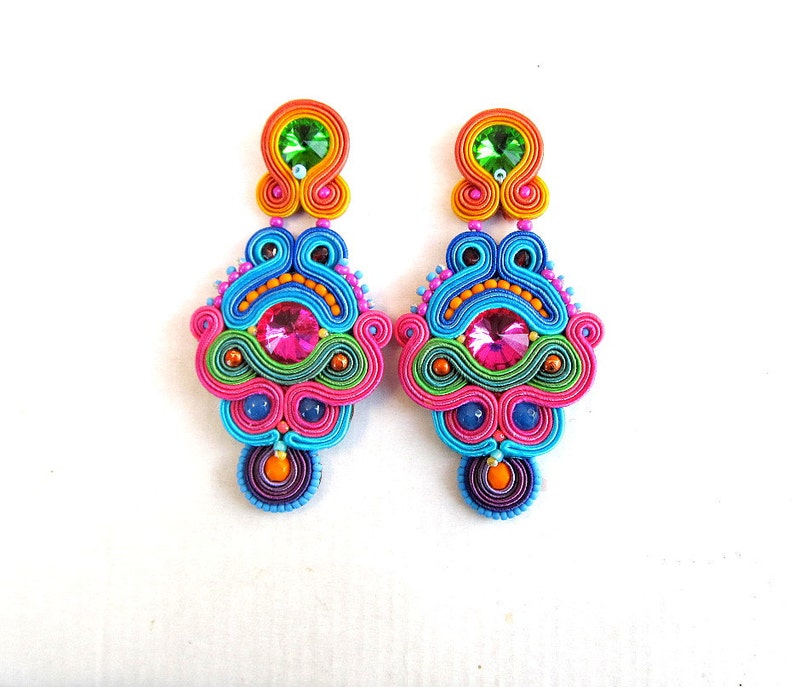 Long Clip On Earrings Unique Colorful Soutache Earrings Long Etsy