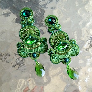 Emerald Green Soutache Earrings with crystals, long clip-on earrings, oriental style statement earrings image 9