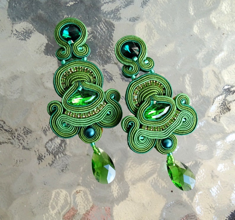 Emerald Green Soutache Earrings with crystals, long clip-on earrings, oriental style statement earrings image 9