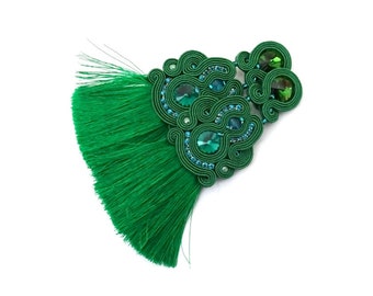 Emerald Green Statement Earrings, Very long clip-on earrings tassel, soutache earrings with crystals