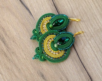 Emerald Green Earrings, Green and Gold Earrings, Handmade Soutache Earrings, Sparkling Emerald earrings with crystals