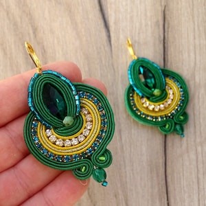 Emerald Green Earrings, Green and Gold Earrings, Handmade Soutache Earrings, Sparkling Emerald earrings with crystals