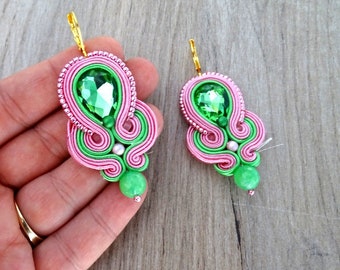 Pink dangle earrings, green jade earrings, cristal earrings, pink and green soutache earrings