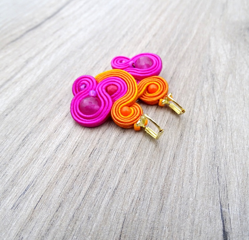 Fuchsia pink dangle drop earrings soutache earrings juicy orange earrings image 6