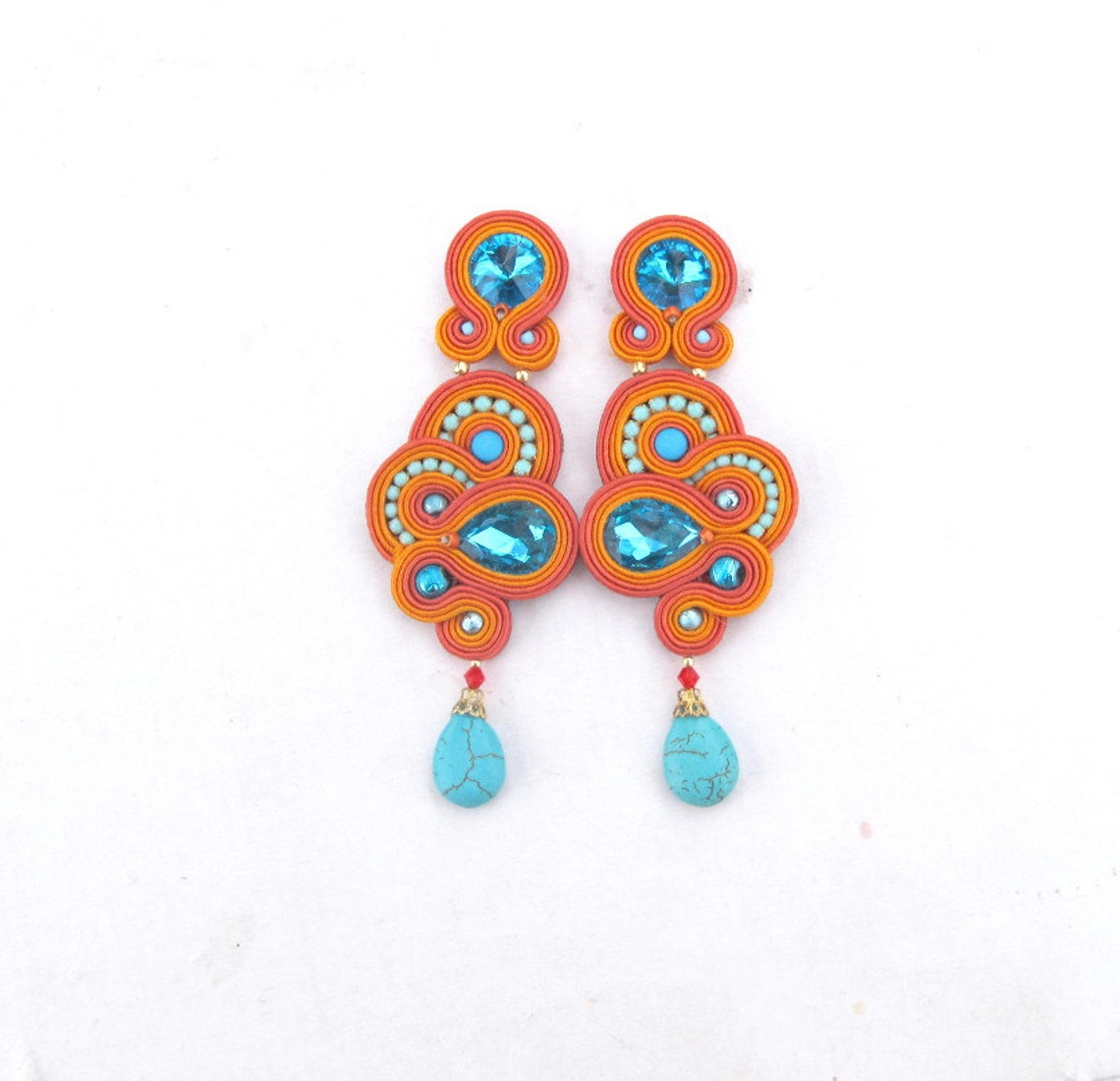 Long Turquoise Statement Clip On Earrings- 
