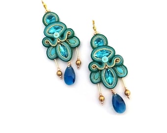 Elegant and Eye-Catching: Handcrafted Long Statement Soutache Earrings in Turquoise and Emerald Green with Sparkling Rhinestones