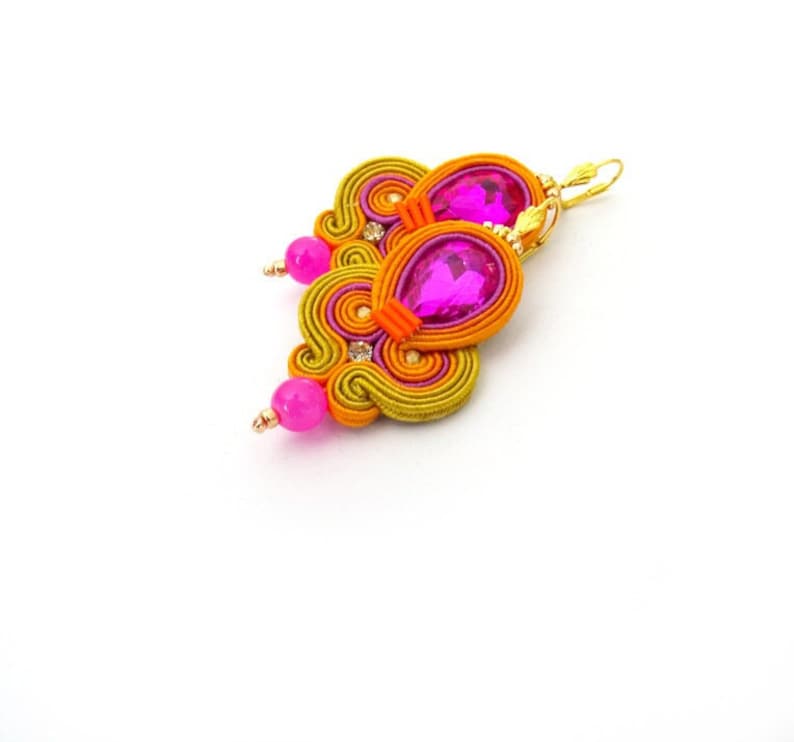 Hot Pink Soutache Dangle Earrings: Bollywood Style Rhinestone Jewelry image 1