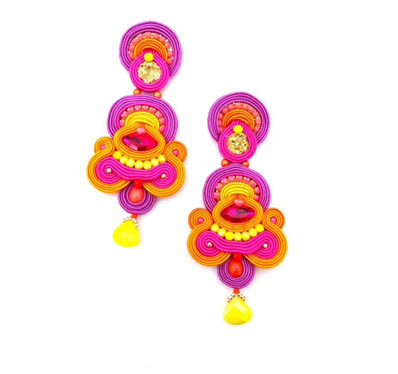 Colorful Statement Earrings Purple Clip on Earrings Soutache Etsy