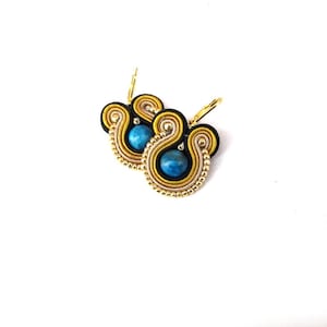 Gold Dangle Earrings , Handmade Soutache Earrings , Beaded Earrings Gold and Blue