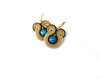 Handmade Soutache Earrings: Gold Dangle, Blue Agate, Beaded