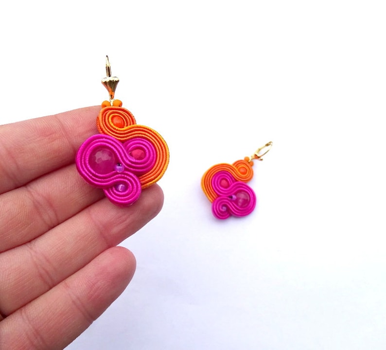 Fuchsia pink dangle drop earrings soutache earrings juicy orange earrings image 5