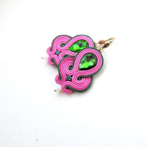 Pink & Green Soutache Earrings: Handmade Crystal Dangle Earrings