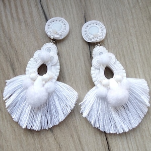 Boho bridal earrings, white tassel earrings, statement earrings, soutache clip on earrings, big wedding earrings