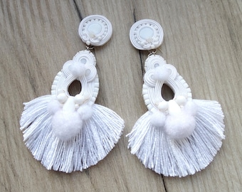 Boho bridal earrings, white tassel earrings, statement earrings, soutache clip on earrings, big wedding earrings