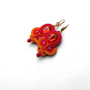 Unique Red Gold Dangle Earrings Handmade Soutache Earrings with Crystals image 4