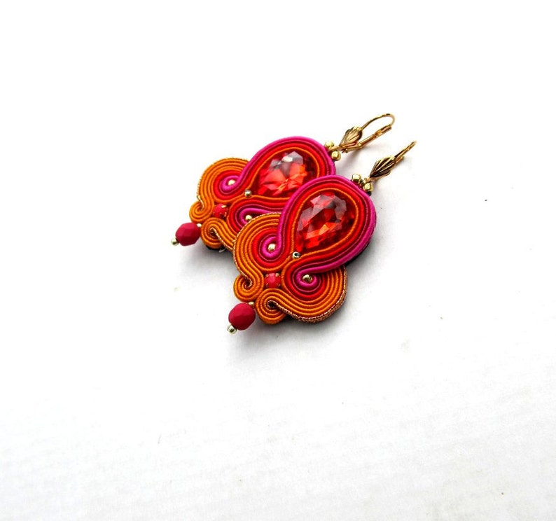 Unique Red Gold Dangle Earrings Handmade Soutache Earrings with Crystals image 4