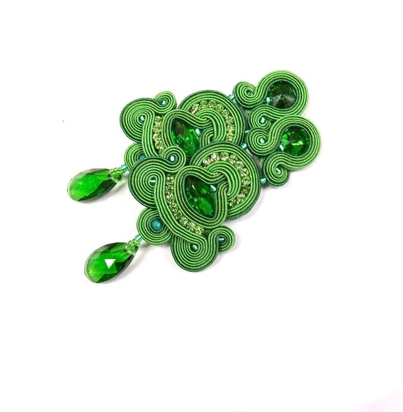 Emerald Green Soutache Earrings with crystals, long clip-on earrings, oriental style statement earrings image 1