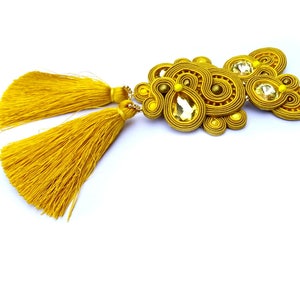 Very Long Clip-on earrings, Deep Yellow gold tassel earrings, Statement Soutache Earrings with crystals, gameday tassel esarrings image 5