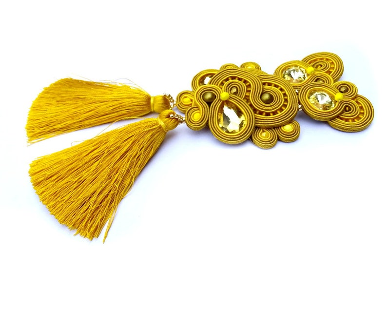 Very Long Clip-on earrings, Deep Yellow gold tassel earrings, Statement Soutache Earrings with crystals, gameday tassel esarrings image 5