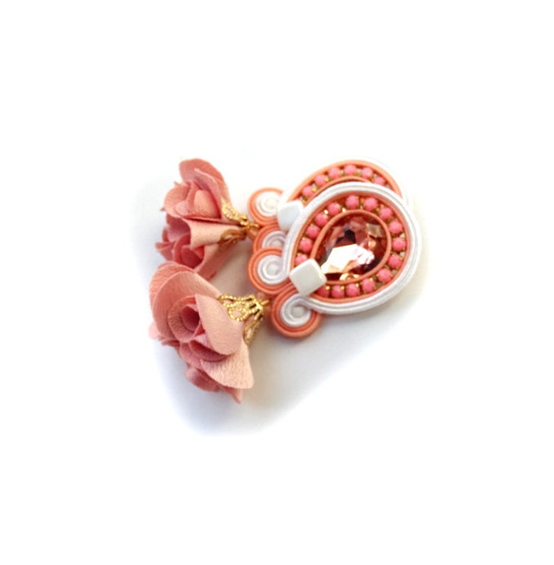 Crystal Bridal Earrings with Flower Tassels, Peach Pink and white Soutache Earrings clip-on image 6