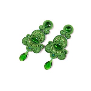 Emerald Green Soutache Earrings with crystals, long clip-on earrings, oriental style statement earrings image 4