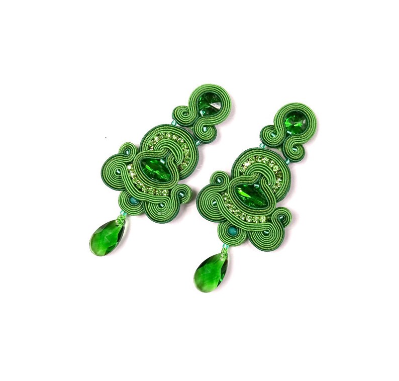 Emerald Green Soutache Earrings with crystals, long clip-on earrings, oriental style statement earrings image 4