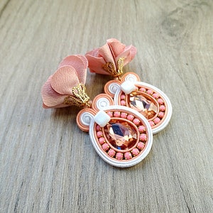 Crystal Bridal Earrings with Flower Tassels, Peach Pink and white Soutache Earrings clip-on image 4