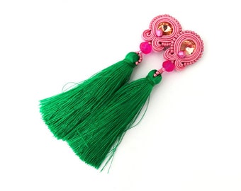 emerald green earrings, long tassel earrings, pink clip on earrings, soutache earrings