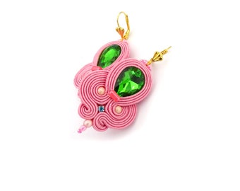 Candy Pink Soutache Earrings with Green Crystal Accents | Glamour Style for Party Attire