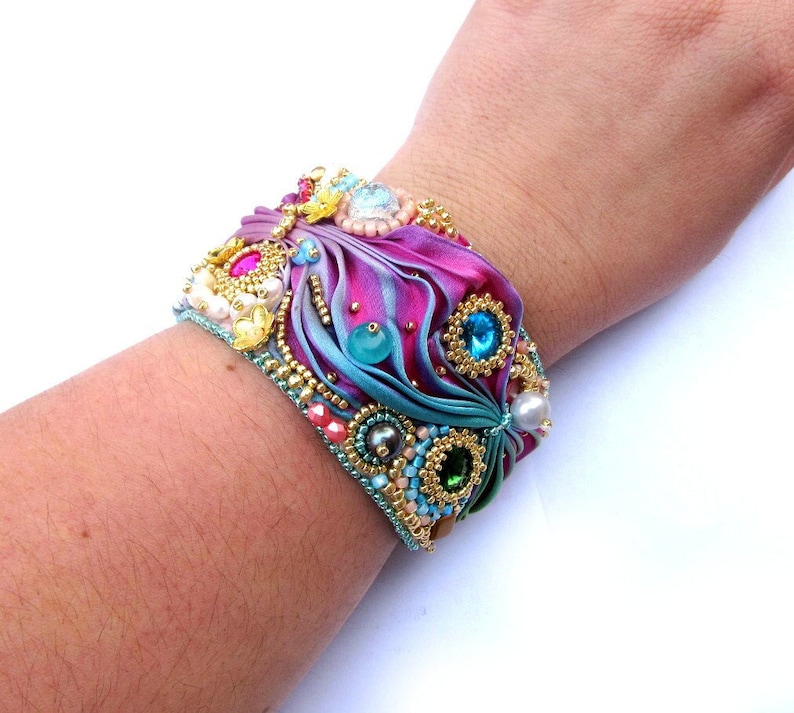 Shibori Bracelet, Cuff Bracelet, Colorful Handmade Jewelry, Hand Embroidery Cuff, Shibori Silk Bracelet with Crystals, Bead Embroidery image 2