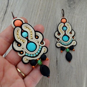 long dangle drop soutache earrings, boho drop earrings with turquoise image 8