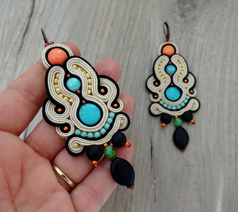 long dangle drop soutache earrings, boho drop earrings with turquoise image 8