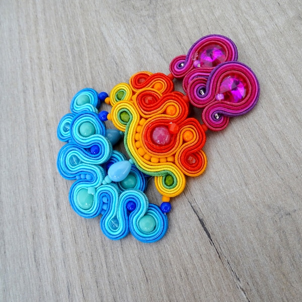 rainbow soutache earrings, statement clip-on earrings, lesbian earrings lgbt, colorful mexican earrings, pride rainbow earrings