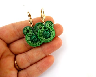 green malachite earrings, gold plated soutache earrings, green dangle earrings with stones, small hoop earrings