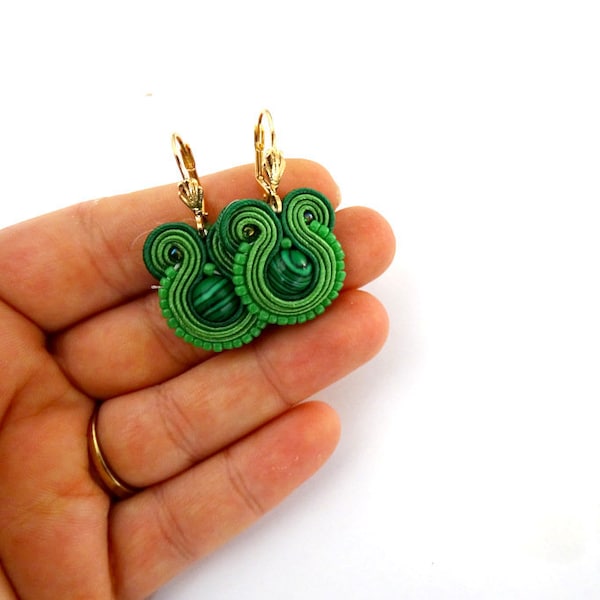 green malachite earrings, gold plated soutache earrings, green dangle earrings with stones, small hoop earrings